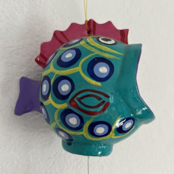 Hanging Puffer Fish on a String Mexican Hand Painted Coconut Wood Coastal Mobile - Picture 2 of 6
